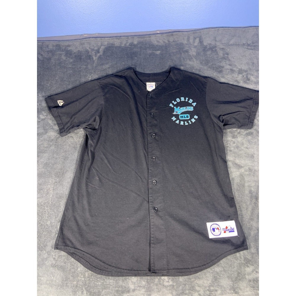 Vtg Florida Marlins Black Button Up Jersey Teal Print USA Majestic Size 2XL